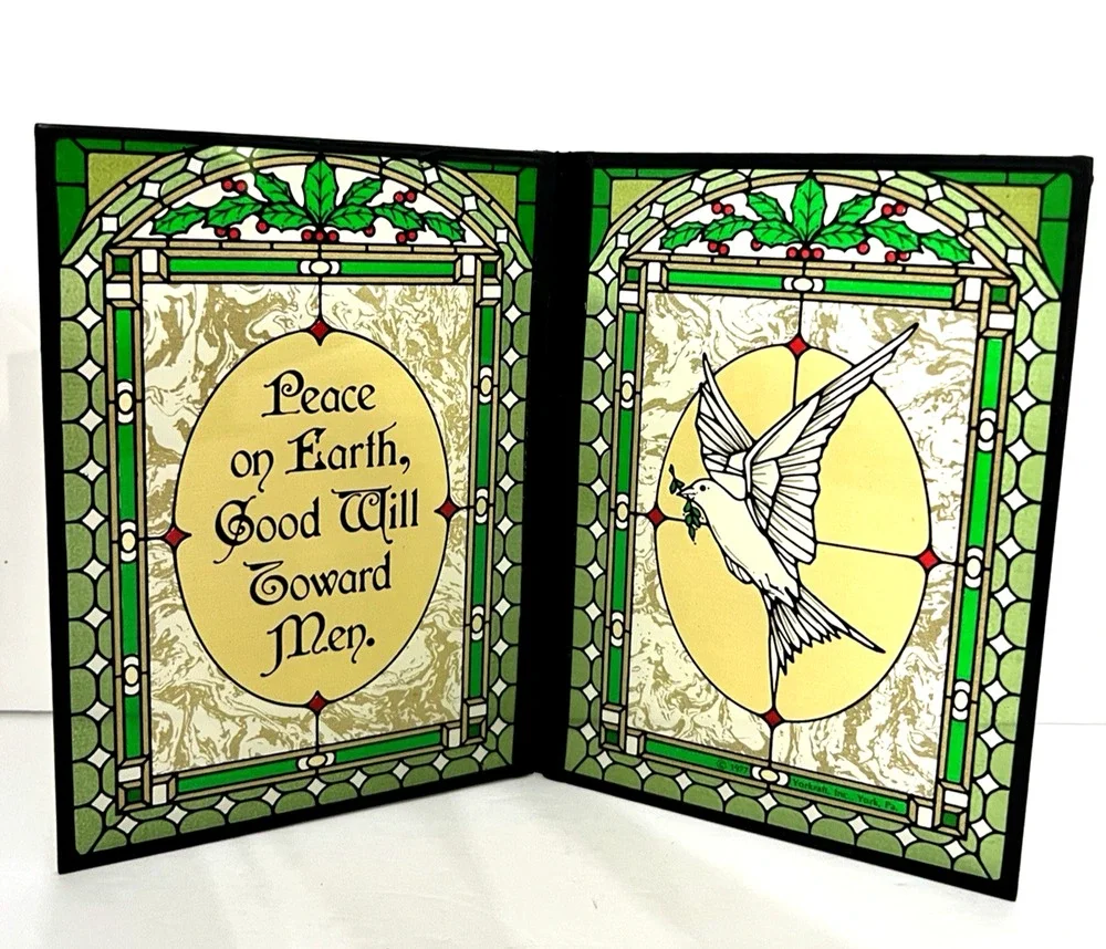 Seriglass Yorkcraft Christmas Peace On Earth Bird 2 Panel Stained Glass Orig Box